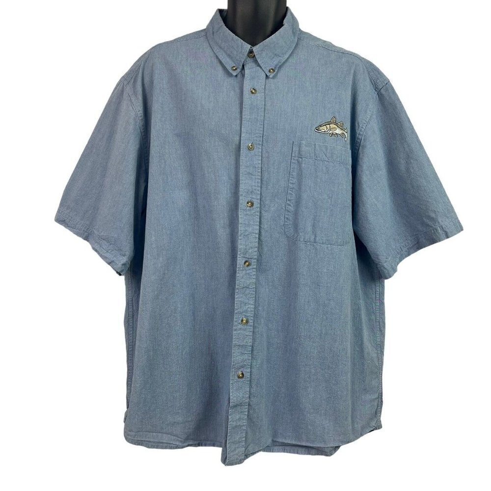 Reel Legends Mens Vented Fishing Shirt Blue Denim Embroidered 2XL